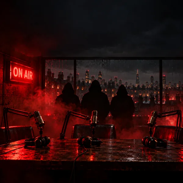 Loose Cannons EP cover: three broadcast microphones under a red ON AIR light