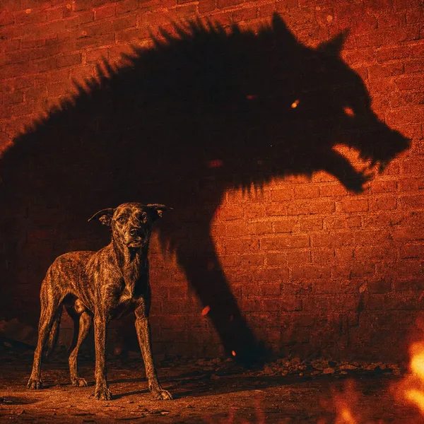 Underdog EP cover: a stray dog in firelight, its shadow a snarling wolf on the brick wall behind it
